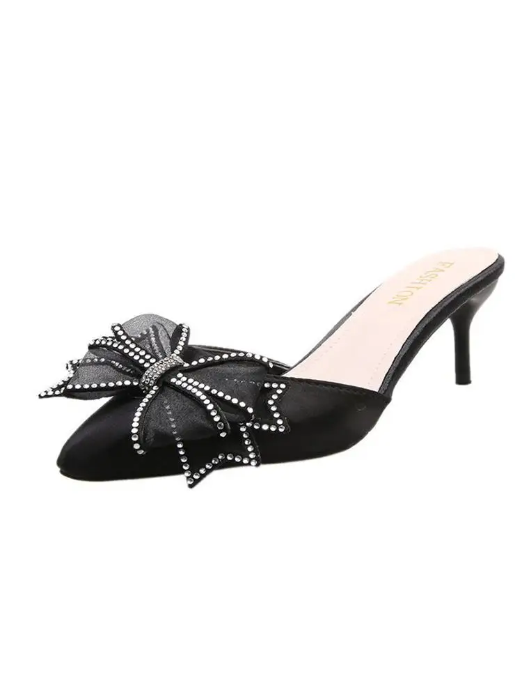 

Punk Style Bowknot Rhinestones Sweet Pointed Stiletto Ladies Slippers Spring And Autumn Fashion Temperament Muller Slippers.