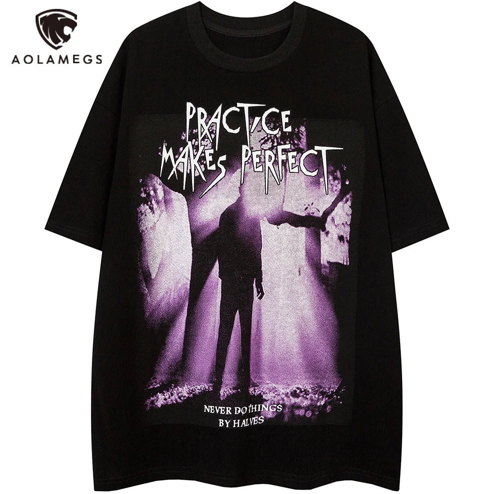 

Aolamegs Hip Hop T-shirt Men Purple Letter Gothic Printed Oversized Tops Tee Summer Casual High Street Diablo Style Men Clothing