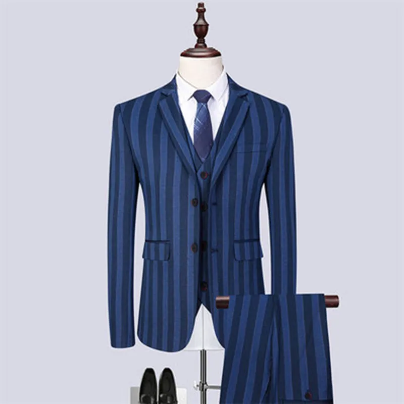 

2021Autumn new men's fashion striped suit 3 piece set coat + vest + trousers performance hosted groom wedding dress suit