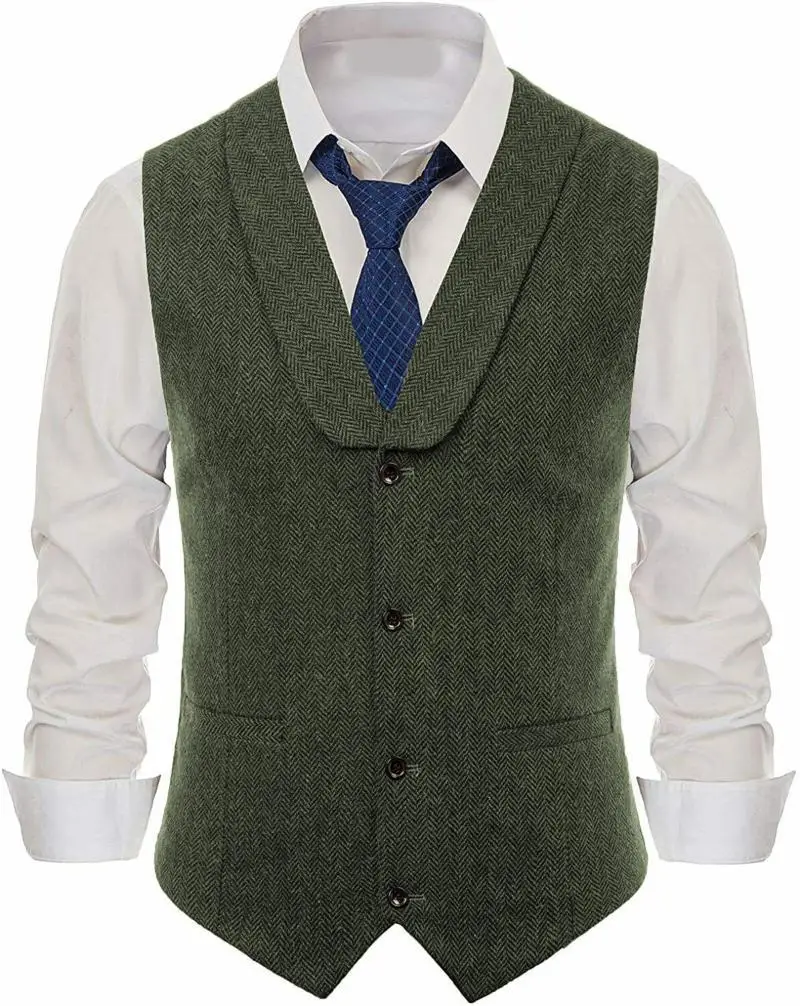 Men's Wool Slim Fit Leisure Cotton Suit Vest Gentleman Herringbone Pattern Waistcoat Beckham Business Brown Wedding Groom Vests | Мужская