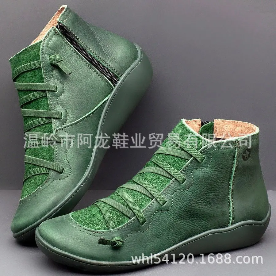 Ботинки женские однотонные на плоской подошве винтажные повседневные короткие