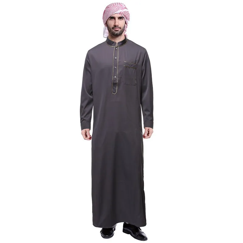 

Long Sleeve Jubba Thobe Men Muslim Abaya Stand Collar Islamic Clothing Middle East Male Long Robes Arab Dubai Kaftan