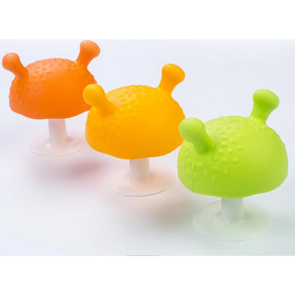 Mordedor calmante de silicona con forma de seta para ni&ntilde;os, chupar y tirar, color naranja y verde, 2 unidades-3
