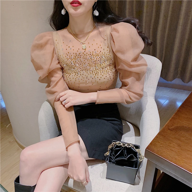 Женская обувь в стиле ретро с отделкой из бус Сетчатое платье блестками и Блузка