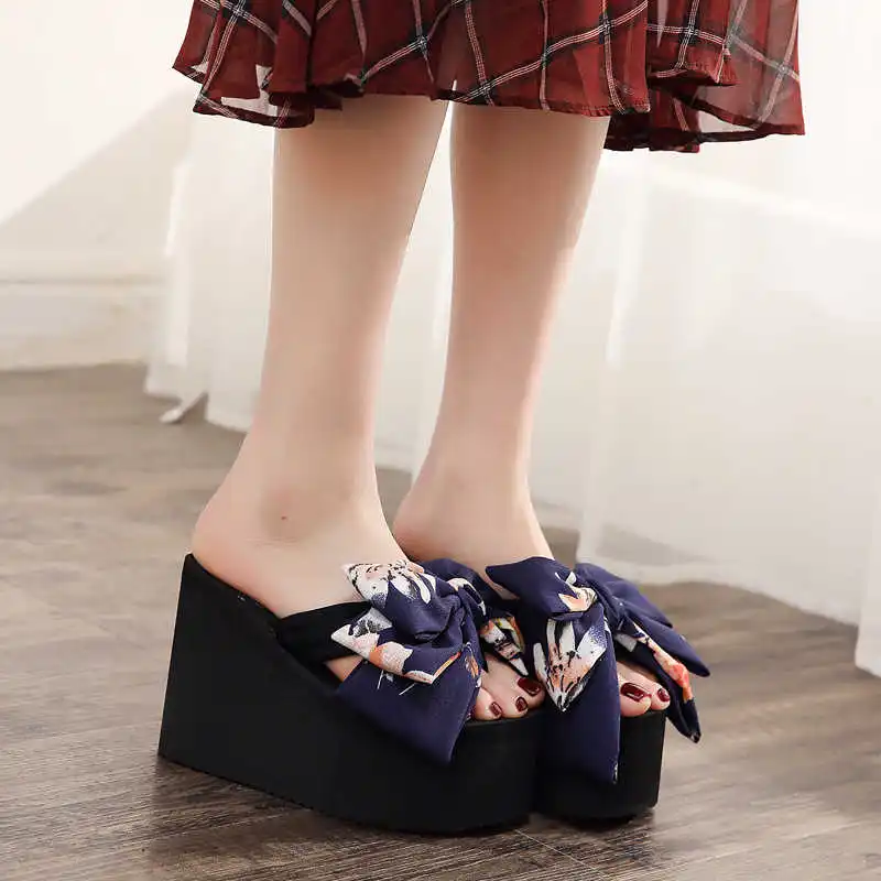 

11CmHigh Heel Women's Ultra-high Bowknot Slippers Women's Large Size Muffins Thick Bottom Non-slip Sandals Women's Wedge Sandals