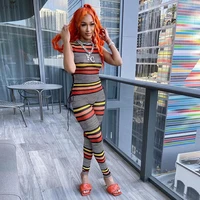 fashion striped print sleeveless o neck women jumpsuit back lace up full length skinny elastic summer streetwear party jumpsuits