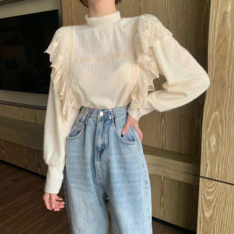 

Nbpm Sexy Lace See-through Long Sleeve Top Sweet Chic Gentle Lantern Long Sleeve Blouses Woman Business Party Casual Fashion