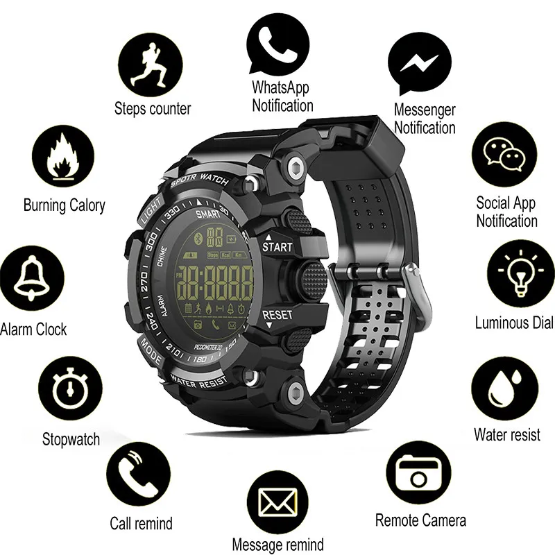 

Bluetooth Clock EX16 Smart Watch Notification Remote Control Pedometer Sport Watch IP67 Waterproof Men's Wristwatch