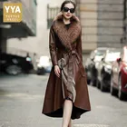 Женский пуховик из козьей кожи, длинная приталенная куртка с большим воротником из лисьего меха и вышивкой из меха норки, зимний сезон