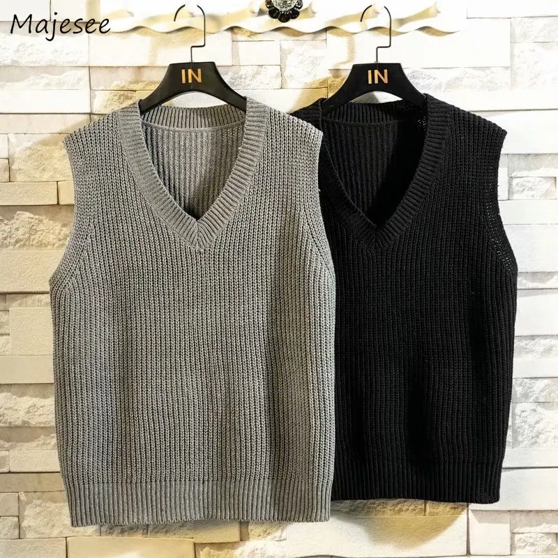 Men Sweater Vests Simple Solid V-neck Casual Loose All-match Daily Male Jumpers Sleeveless Knitting Fashion Retro Minimalism Ins