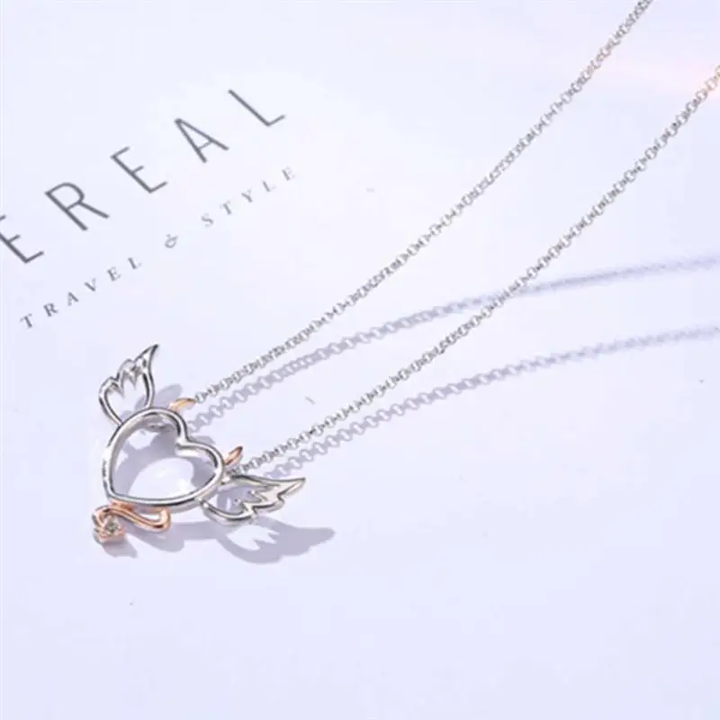 

Heart Shaped Devil Angel Designed Necklace Double Color Neck Pendant Swing Clavicle Chain