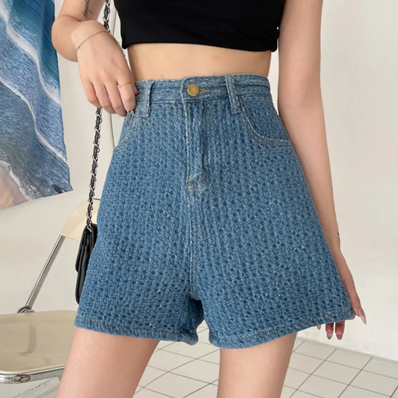 

Casual High Waist Straight Jeans Shorts Summer Pockets Loose Female Dark Blue Denim Shorts Ladies High Street Knitted Bottoms