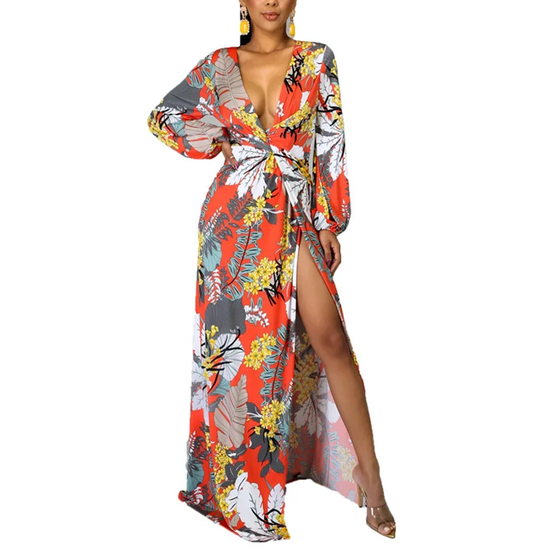 

2021 New Fashion Women Floral Print Long Maxi Dress Sexy Lantern Sleeve Deep V Neck High Slit Twisted Dress
