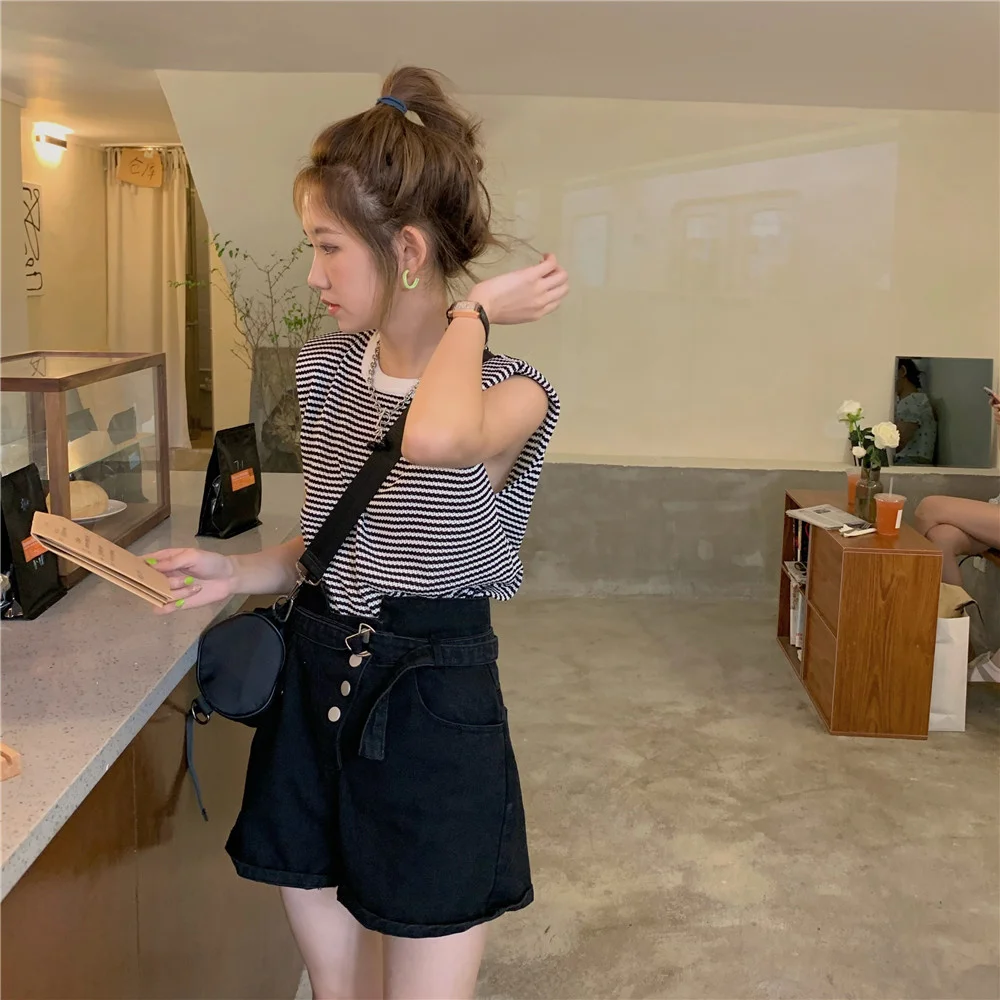 Женский летний комплект из двух предметов: джинсовые шорты с высокой талией |