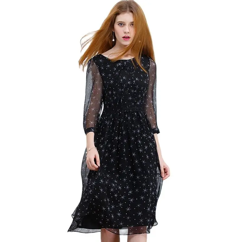 Только плюс S XXL длинное шифоновое платье с рисунками чёрных звёзд миди принтом