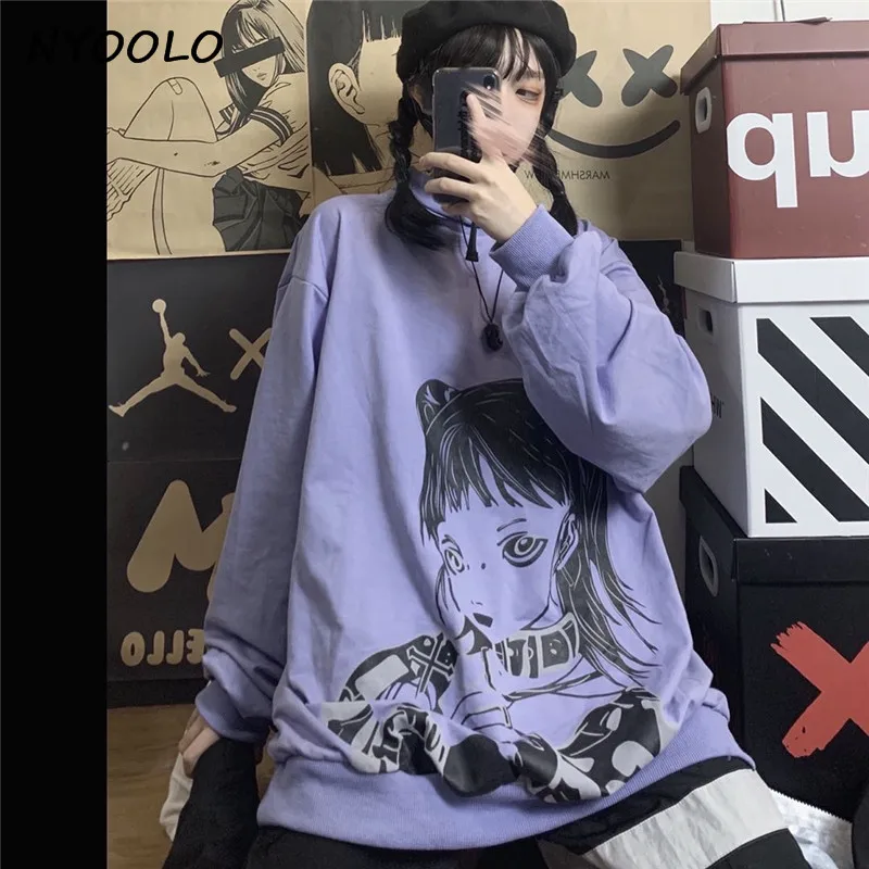 

NYOOLO Harajuku cartoon Anime girl print long sleeve Turtleneck hoody women cloth Spring autumn loose pullovers sweatshirt tops