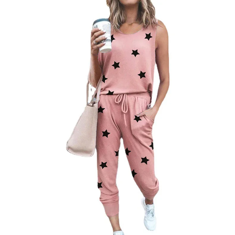 

2021 summer new casual loose solid color printing sleeveless suit 2-piece set