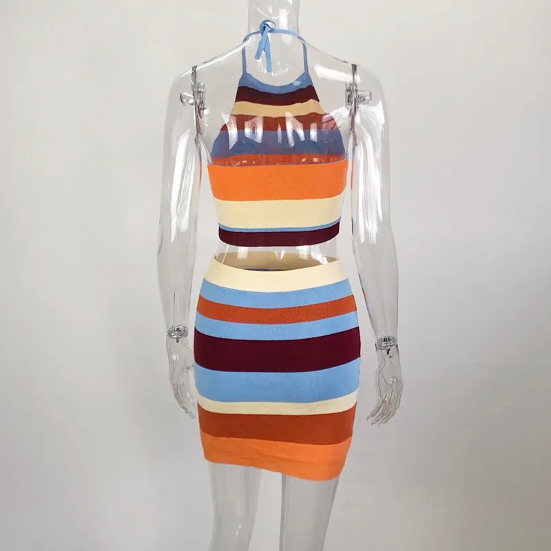 

Fashion Summer Women 2 Pieces Clothing Set Sexy Clubwear Ladies Knitted Sleeveless Halter Striped Camisoles and Short Skirt