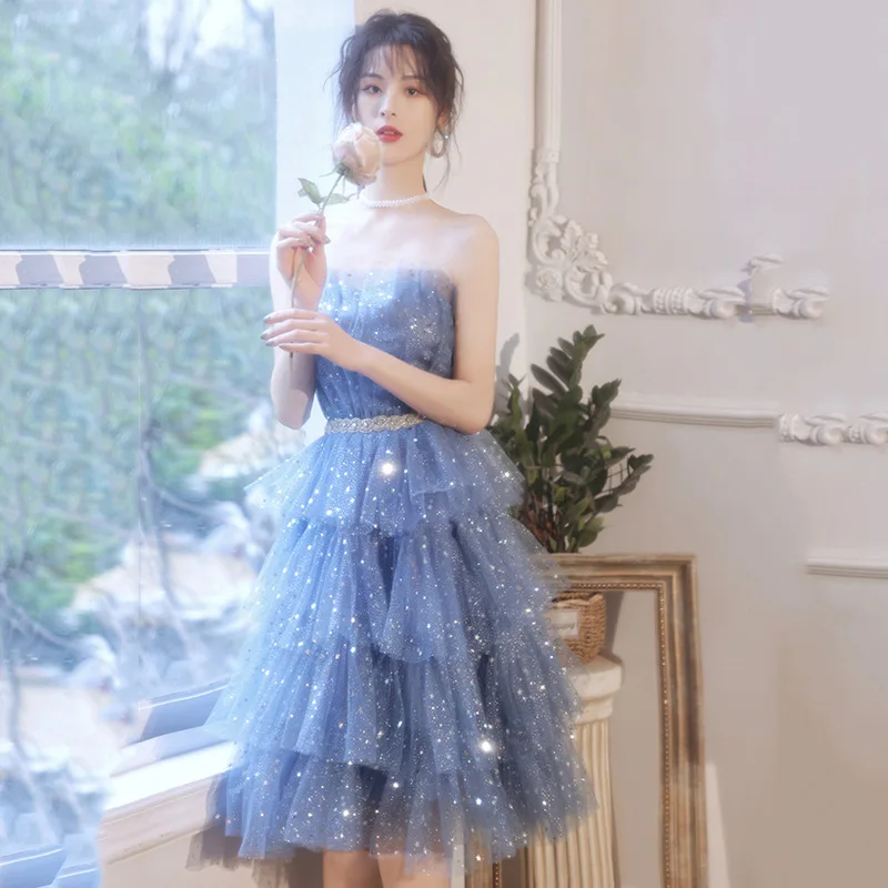 

Сексуальное свадебное платье для невесты без бретелек, синее Сетчатое банкетное платье с блестками и звездным небом, бальное платье с бисер...