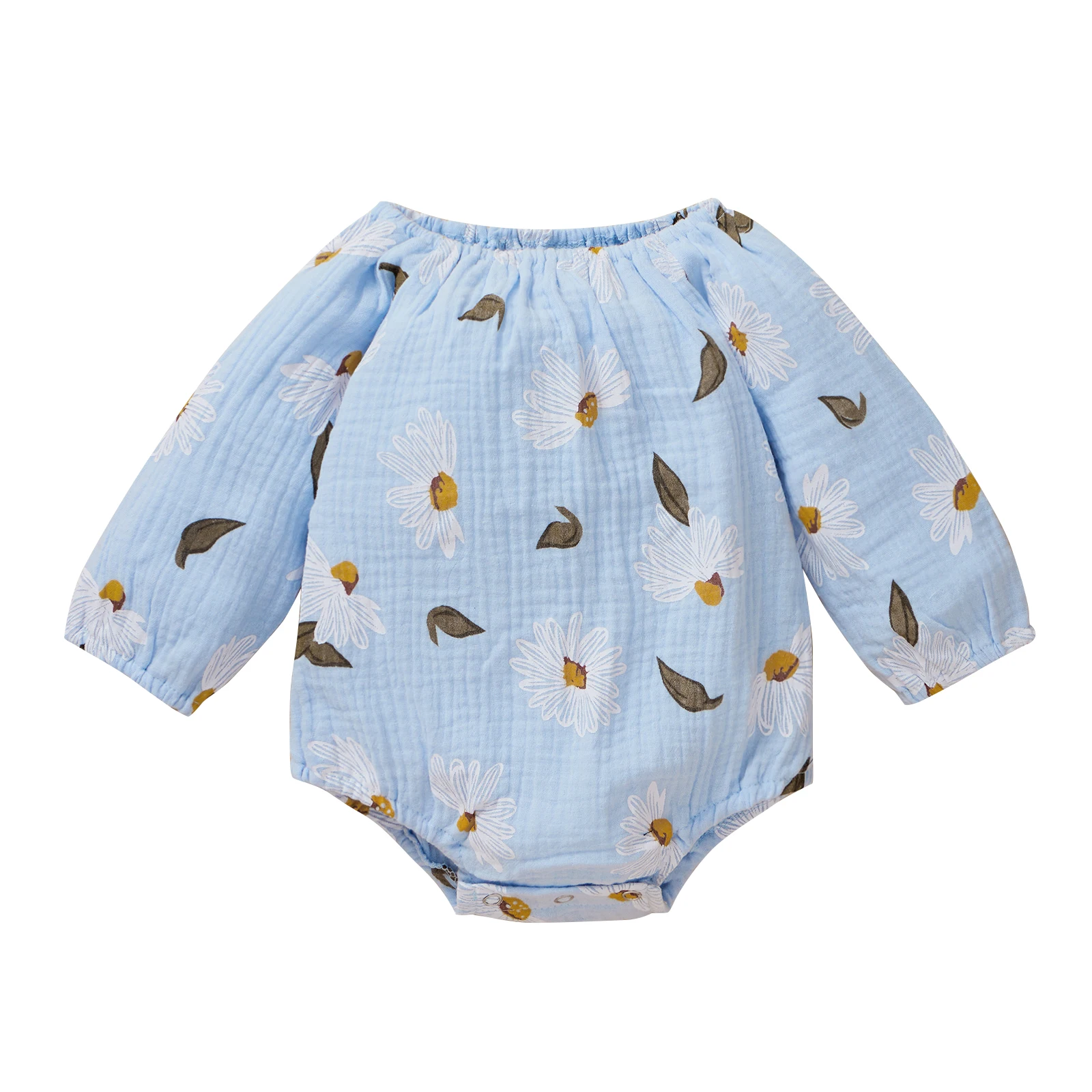 

Льняные комбинезоны для новорожденных девочек, комбинезоны с цветочным принтом, круглым вырезом и длинным рукавом, Осеннее боди для младен...