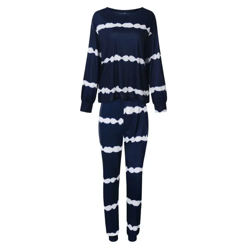

Women Pajamas Suit Casual Stripe Long Sleeve Pullover Tops Long Pants Sleepwear