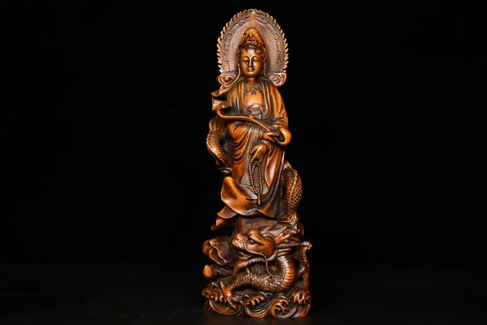 

7" China Lucky Seikos Boxwood Guanyin Bodhisattva statue Avalokitesvara Buddha Statue Chinese Dragon Wood Carving