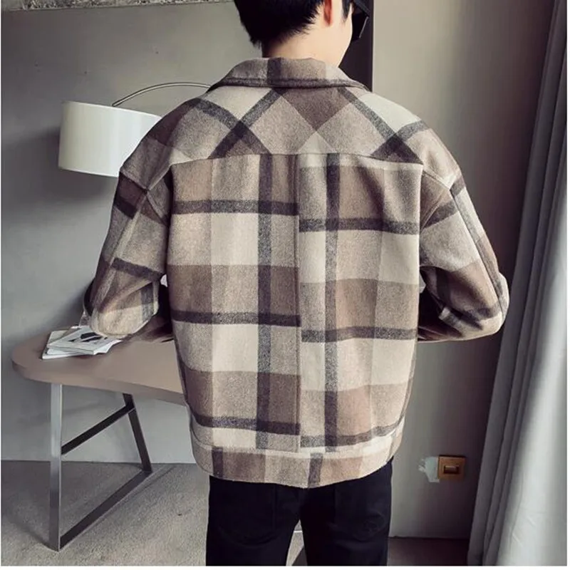 2019 осенне-зимнее Новое мужское модное короткое клетчатое шерстяное пальто с