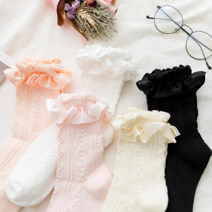 

1 Pair Lolita Style Japanese Maiden Lovely Woman Short Socks Summer Sweet Ruffle Heart Bows Cotton Princess Socks High Quality