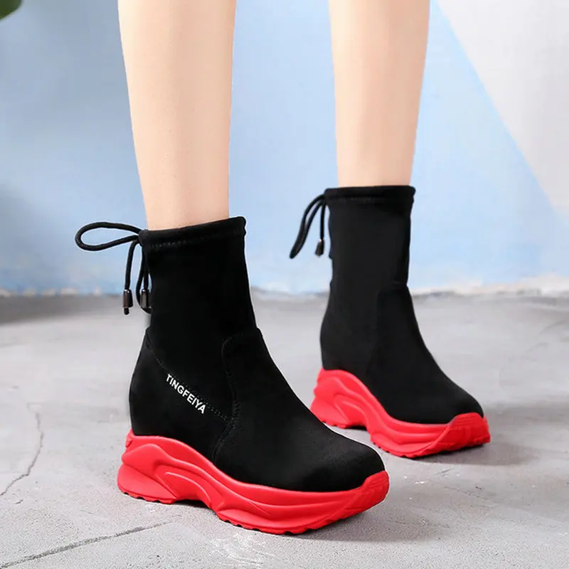 

Women short Ankle Boots thick bottom Flock leather Platform wedges Boots Fashion Ladies height increasing shoes LG-100