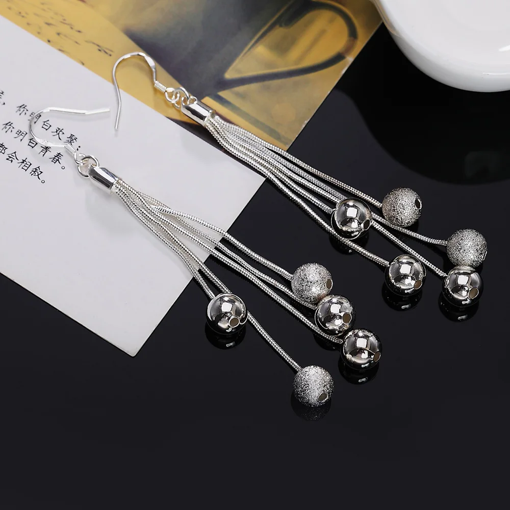 

BAYTTLING New 86MM 925 Sterling Silver 5 Thread Frosted/Smooth Bead Drop Earrings For Woman Fashion Wedding Party Gift Jewelry