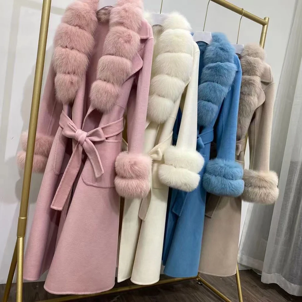 JAZZEVAR Winter Parka Women Luxurious Large Real Fox Fur Collar Outerwear Female Socialite Cashmere Double Faced Long Wool Coat