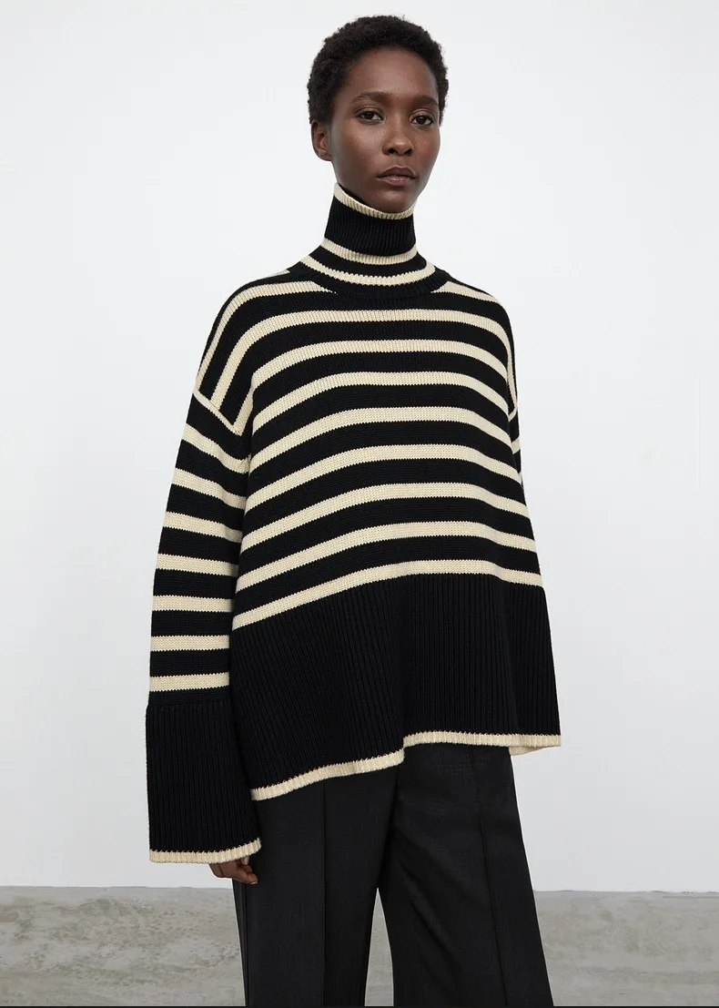 

Women Sweater 2021 New High Neck Wide Sleeve Striped Sweater Wool Stitching Loose Thick Knit Pullover Top