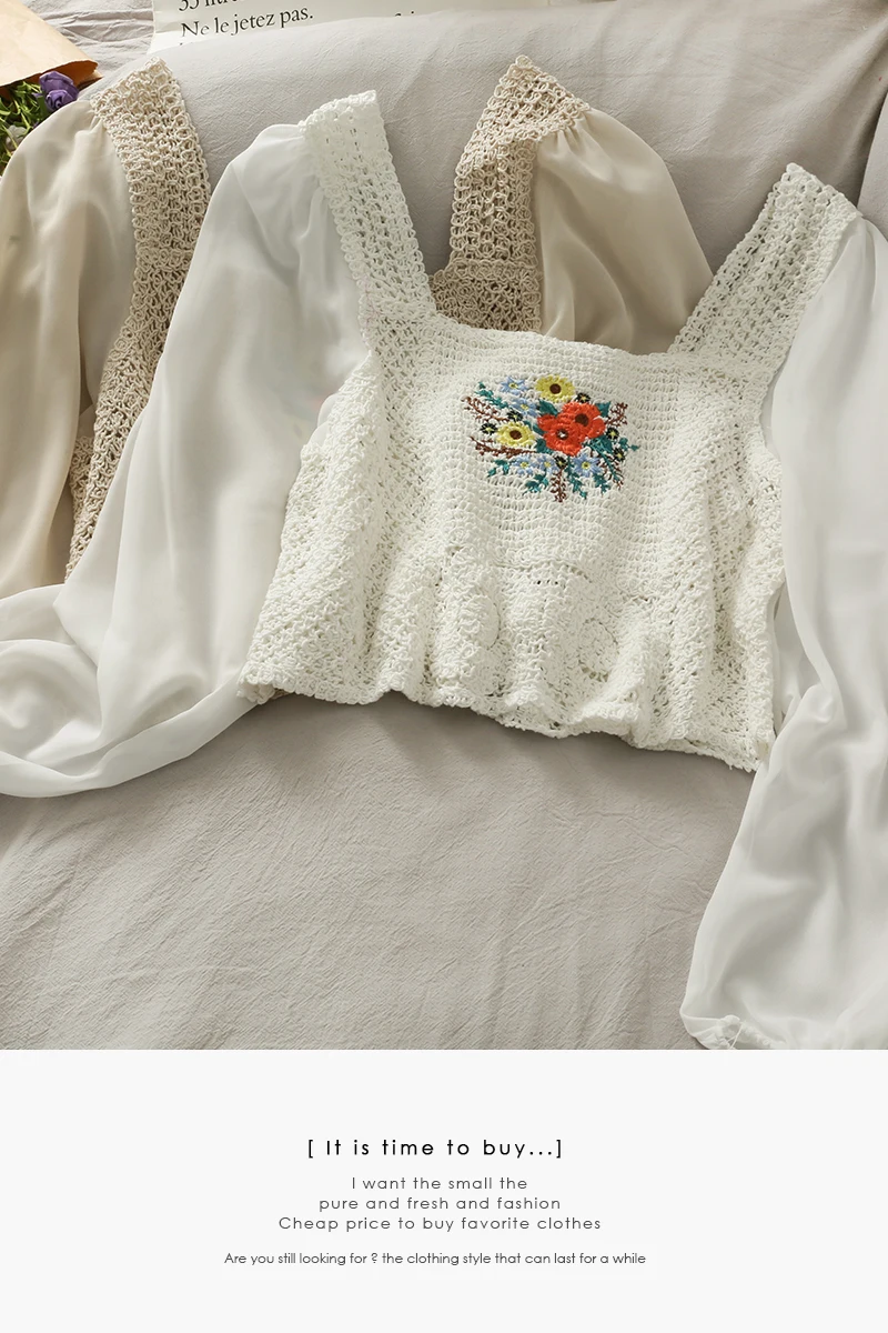 

2021 spring Hollow out splicing bubble Long Sleeve Chiffon shirt women blouse