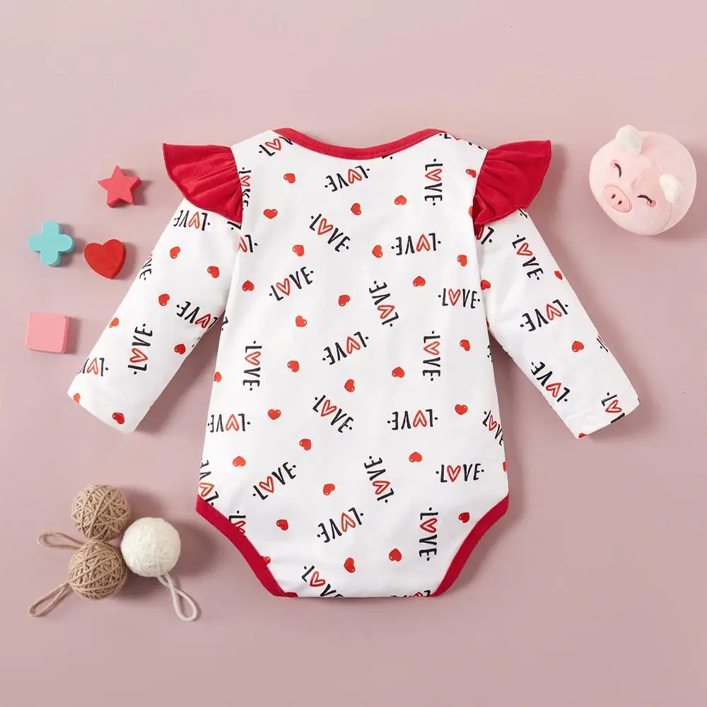 PatPat 2020 Summer New Baby One Pieces Stylish LOVE Allover Print Ruffled Long-sleeve Romper |
