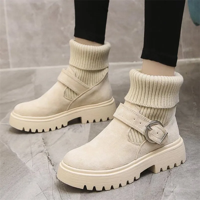 

2022 New Fashion Platform Winter Boots Women Shoes Black Martin Boots suede Leather slip-on Ankle Boot Buckle Botas Mujer