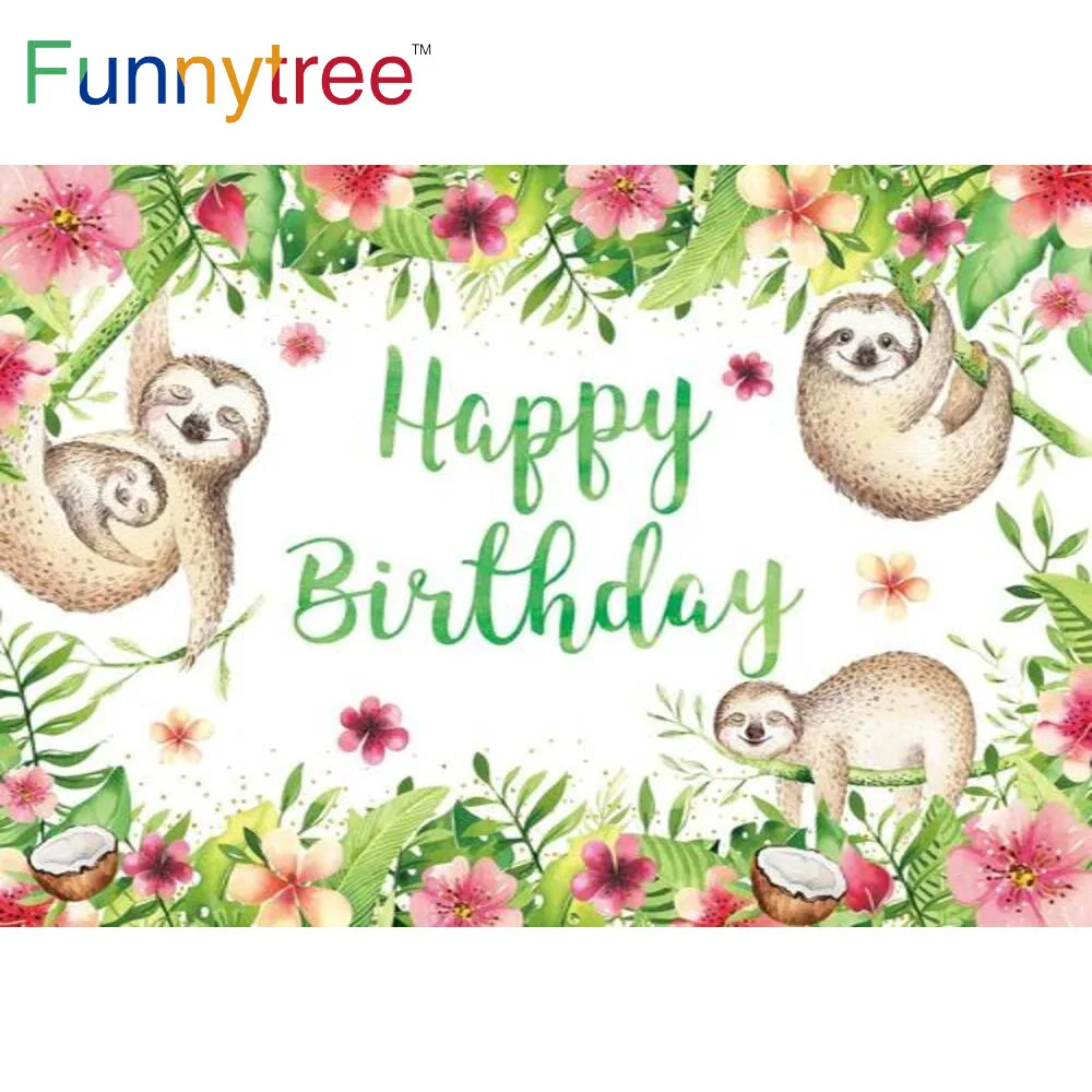 

Funnytree Happy Birthday Backdrop Sloth Family Tree Flower Bunting Coconut Balloon Newborn Baby Shower Custom Poster Banner
