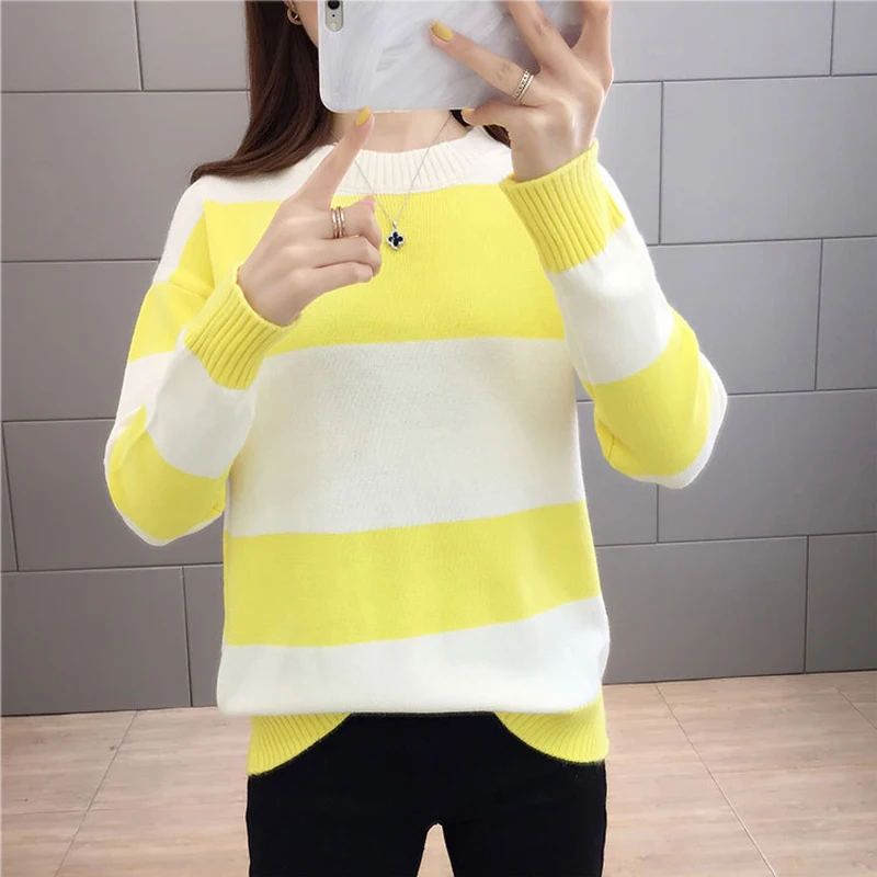 Женский вязаный свитер Lucyever разноцветный в полоску с круглым вырезом и длинными