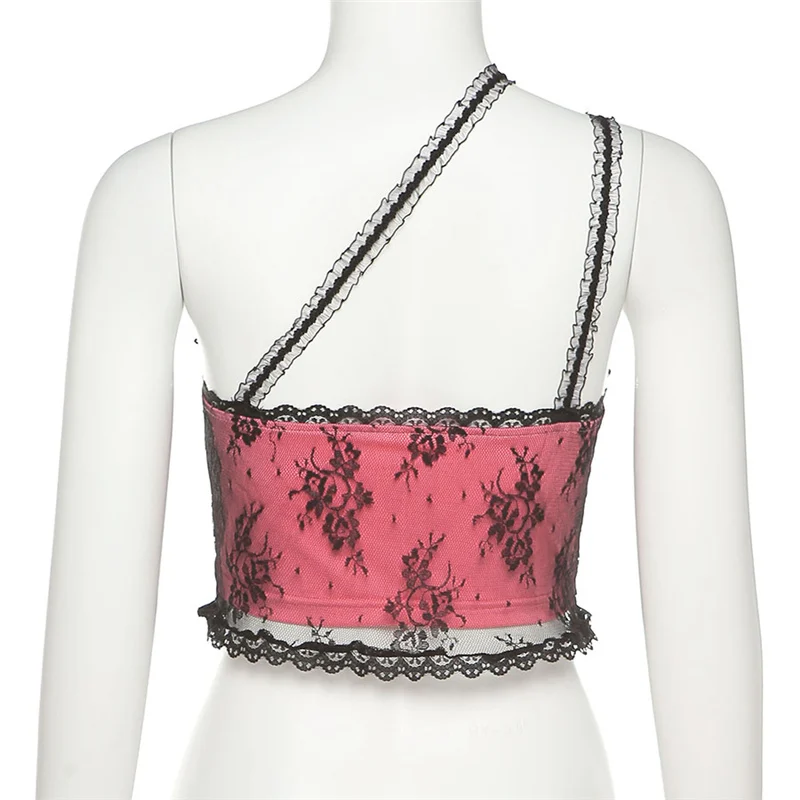 

Women's Mesh Lace Camisoles Sexy One Shoulder Sleeveless Tank Tee shirt Spaghetti Strap Irregular Hem Crop Cami Tops Clubwear