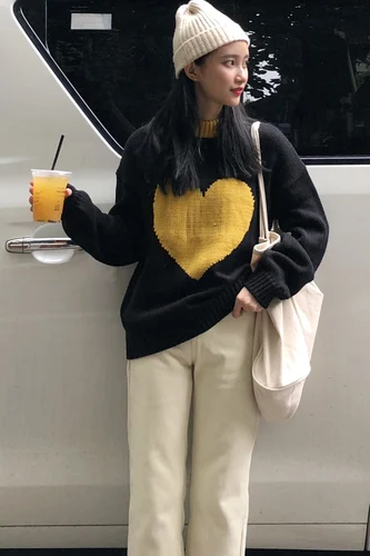 Повседневные свободные свитера с сердечками в духе колледжа модные женские