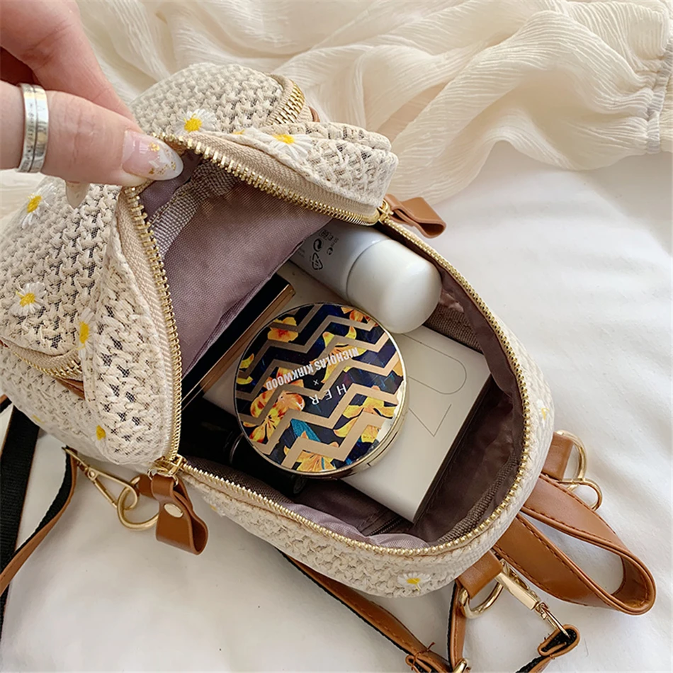 

Bohemian Style Women's Small Backpack Fashion Flowers Backpacks for School Teenagers Girls 2021 Weave Ladies Travel Shoulder Bag