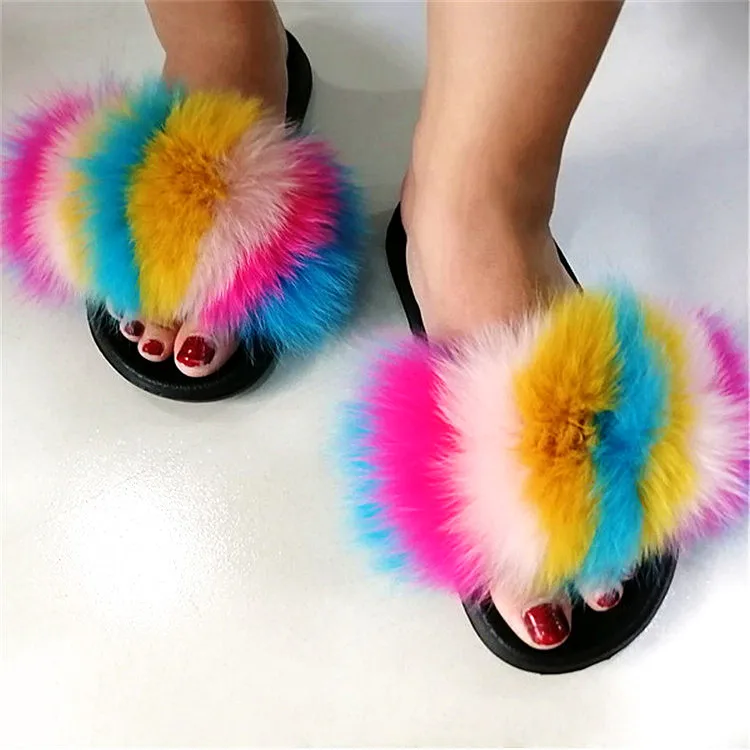 as pic shows 29 Women Fox Fur Slippers Real Fox Fur Slides Lovely Plush Slippers Woman Summer Home Sandals Women Fur Slides Furry Flip Flops Hot - Цвет: as pic shows 29