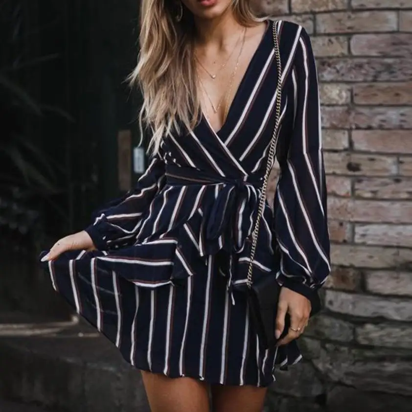 

ZOGAA 2020 Summer Dress Women's Fashion Lantern Sleeve Casual Striped V-Neck Dress Casual Ruffle Mini Party Dress Women Clothing