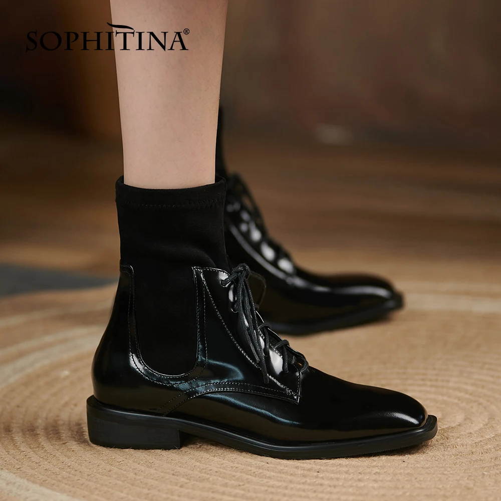 

Женские ботинки на шнуровке SOPHITINA, эластичные удобные кожаные ботинки с квадратным носком, на плоской подошве, WO461