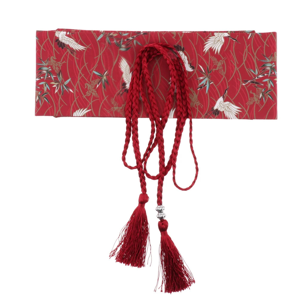 

Japanese Style Red Crowned Crane Obi Belt Wide Waistband for Dress Kimono