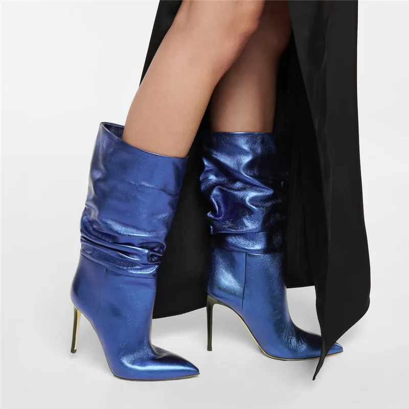 

Pu Leather Nude Boots Women Sexy Thin High-Heel Boots Autumn Winter New Pointed Toe Middle Calf Party Shoes Slip On Women Shoes