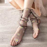 foot sexy ultra thin daisy floral mesh tulle women socks transparent short socks long dress streetwear fashion