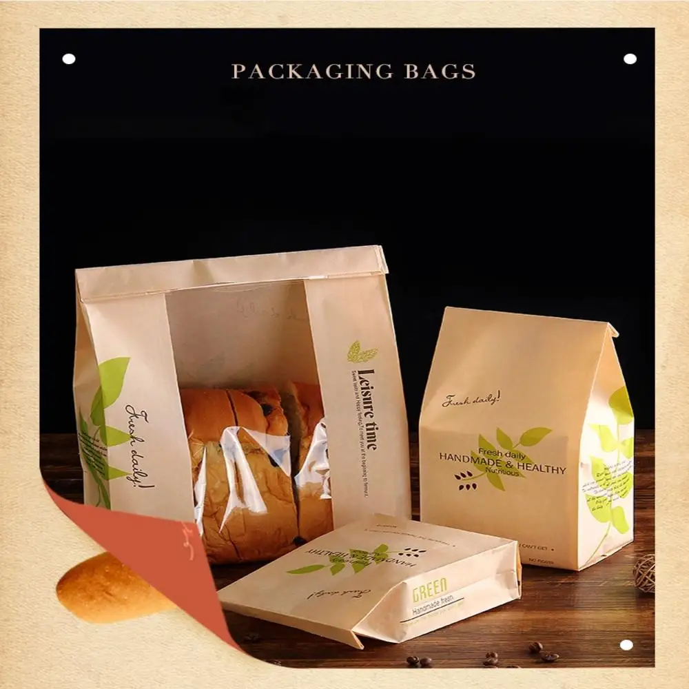 

50 Pcs Kraft Paper Bread Clear Avoid Oil Packing Toast With Window Bag Baking Takeaway Food Package Cake Bag Life Party Hot Sale