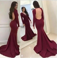 burgundy long v neck evening dresses with sleeve satin floor length open back sweep train formal party dress for women