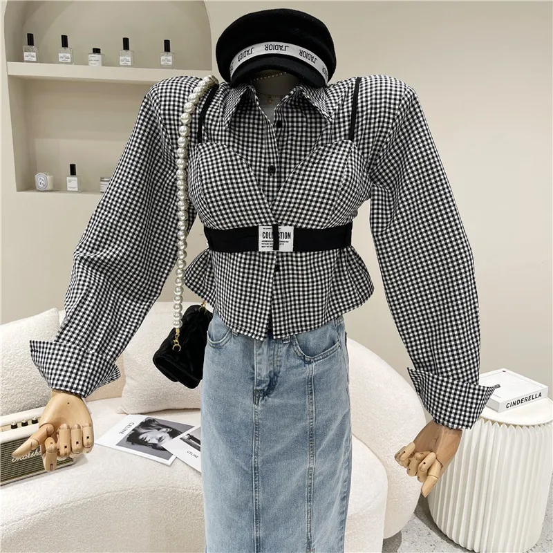 

Women's Spring Summer 2021 Fashion Lapel single breasted shoulder padded plaid shirt waistband vest