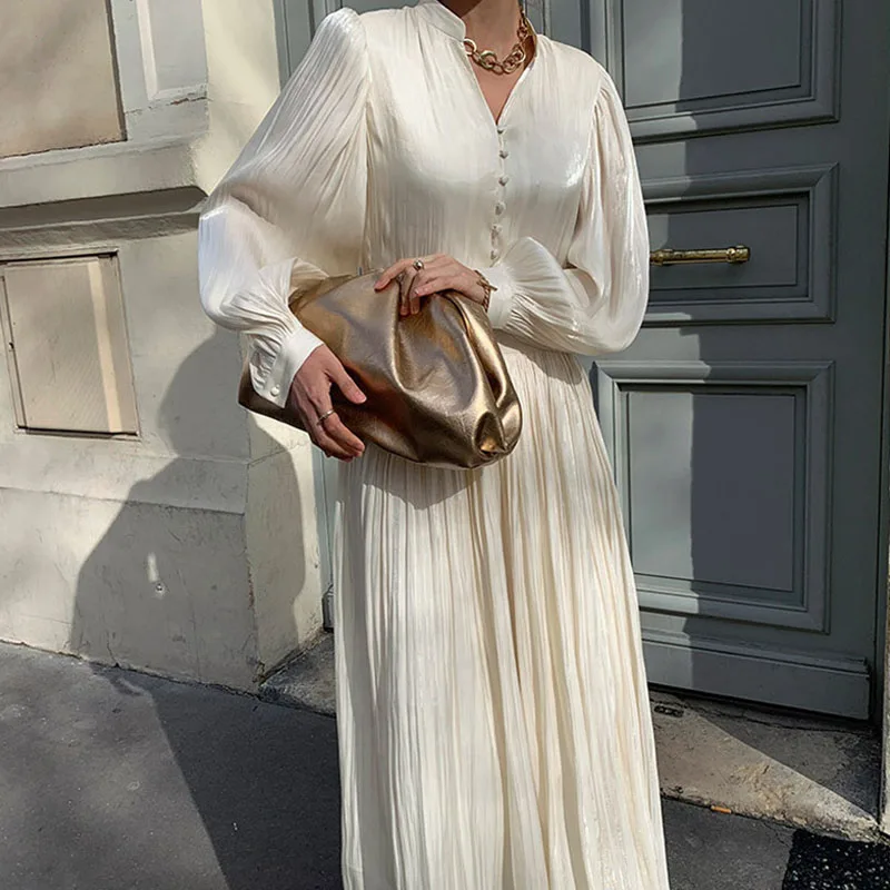 

2021 Spring Summer Korean Elegant Party Lady Robe Pleated Evening Women's Mid-length Dresses V-Neck Lantern Sleeve Female Dress